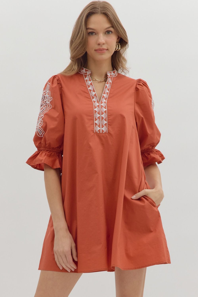 knee length dresses for ladies Claire Crochet Trim Mini Dress in Rust – Sloane Boutique