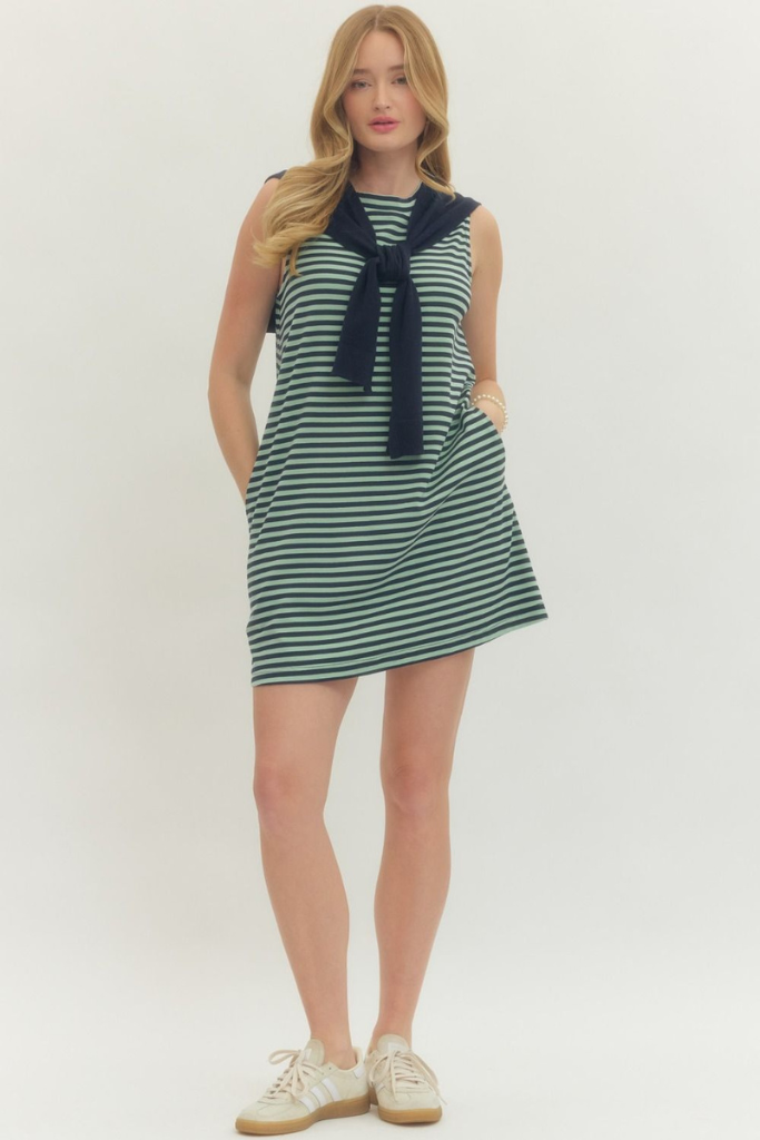 slim fit dress slacks Maggie High Neck Shift Dress Navy Chartreuse Stripe - Fair Trade Dresses main image 1