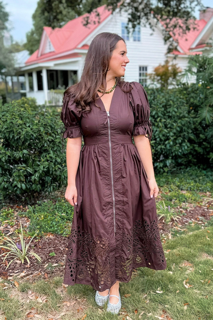 Elizabeth Crochet Trim Zip Front Midi Dress in Brown