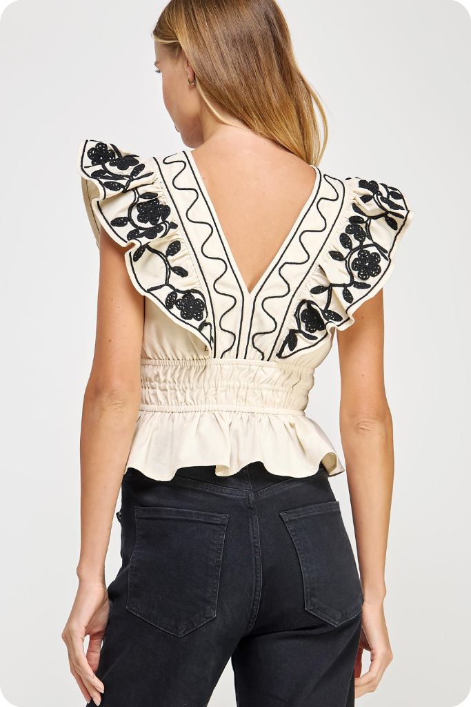 Cleo Linen Embroidered Top in Natural