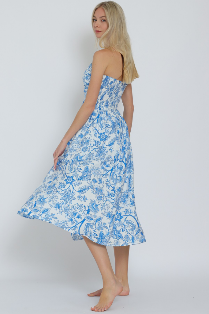 Sadie Paisley Strapless Midi Dress