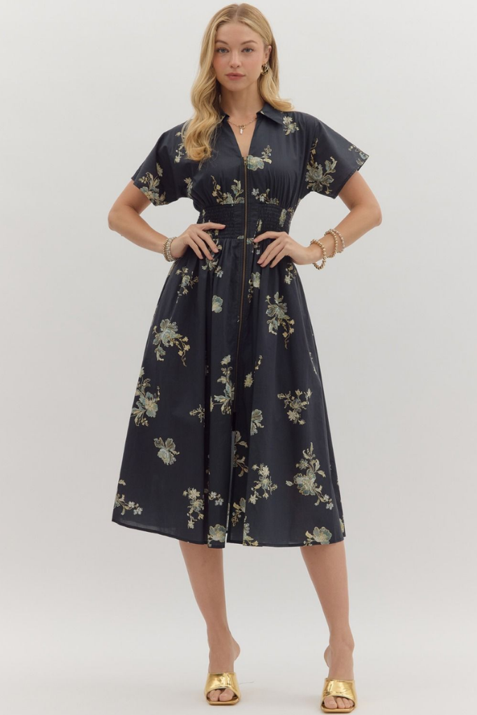 Elizabeth Floral Zip Front Midi Dress in Black