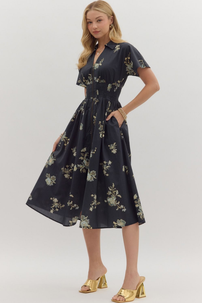 Elizabeth Floral Zip Front Midi Dress in Black