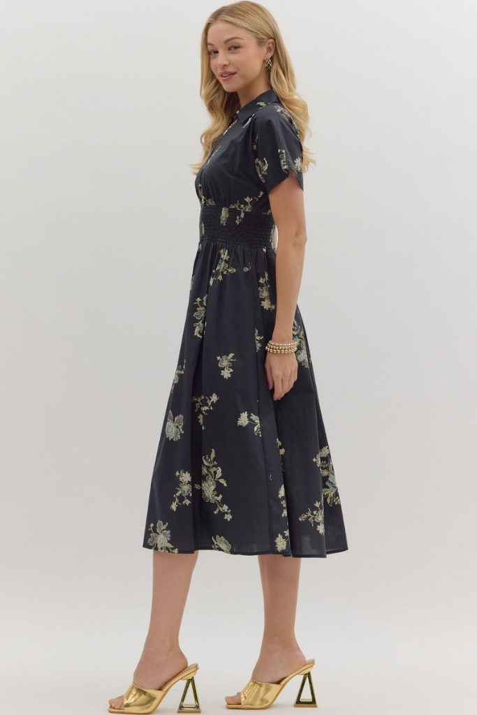 Elizabeth Floral Zip Front Midi Dress in Black