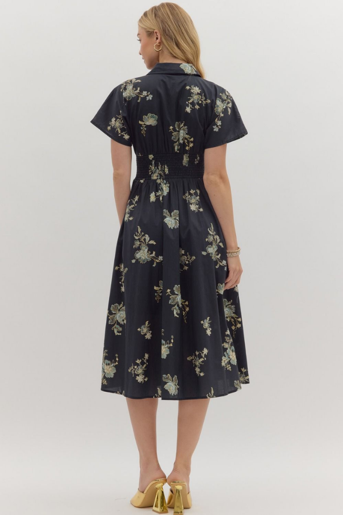Elizabeth Floral Zip Front Midi Dress in Black