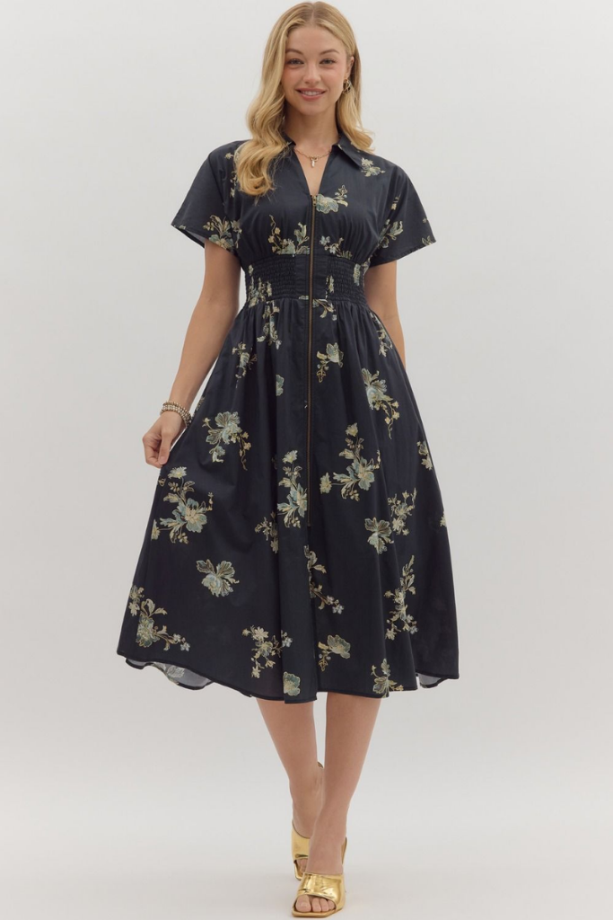 Elizabeth Floral Zip Front Midi Dress in Black