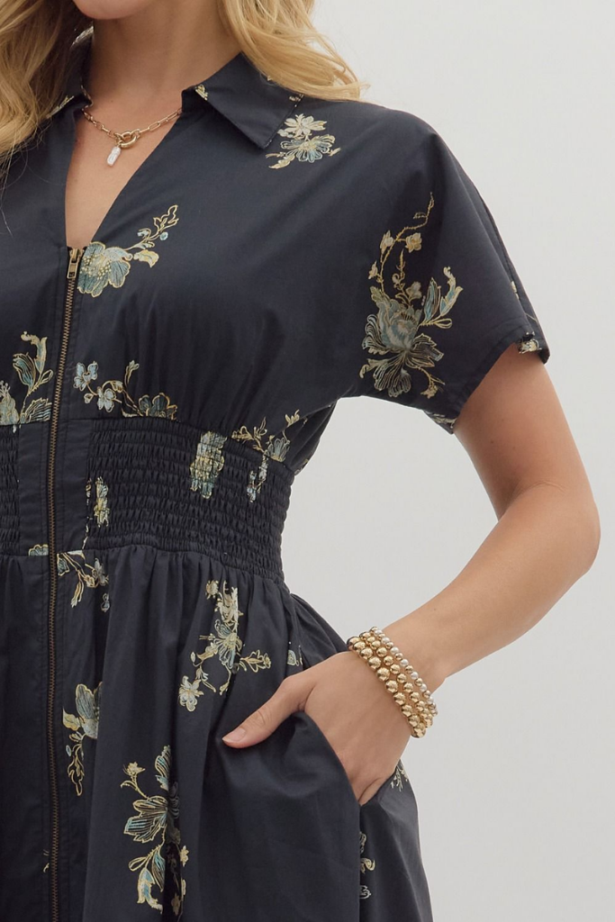 Elizabeth Floral Zip Front Midi Dress in Black