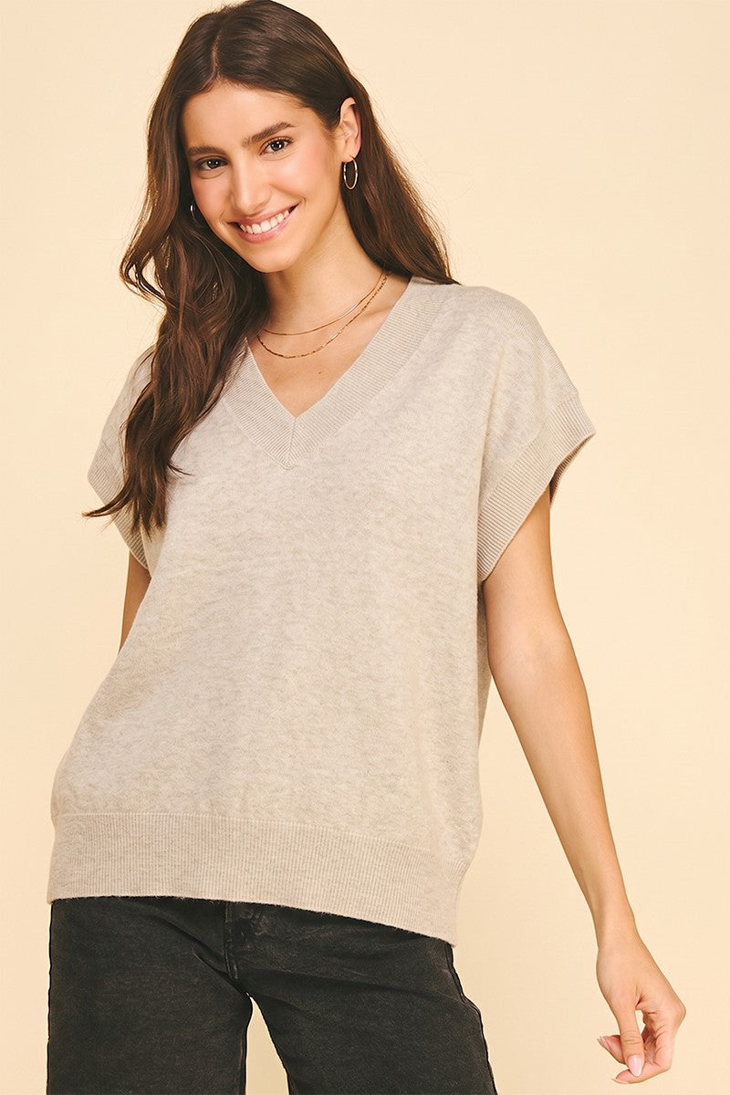 Heather v neck sweater top in oatmeal