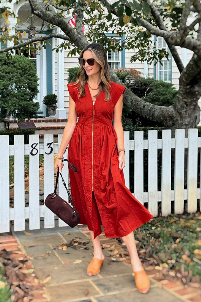 zip front midi dress Elizabeth Zip Front Midi Dress in Brick – Sloane Boutique