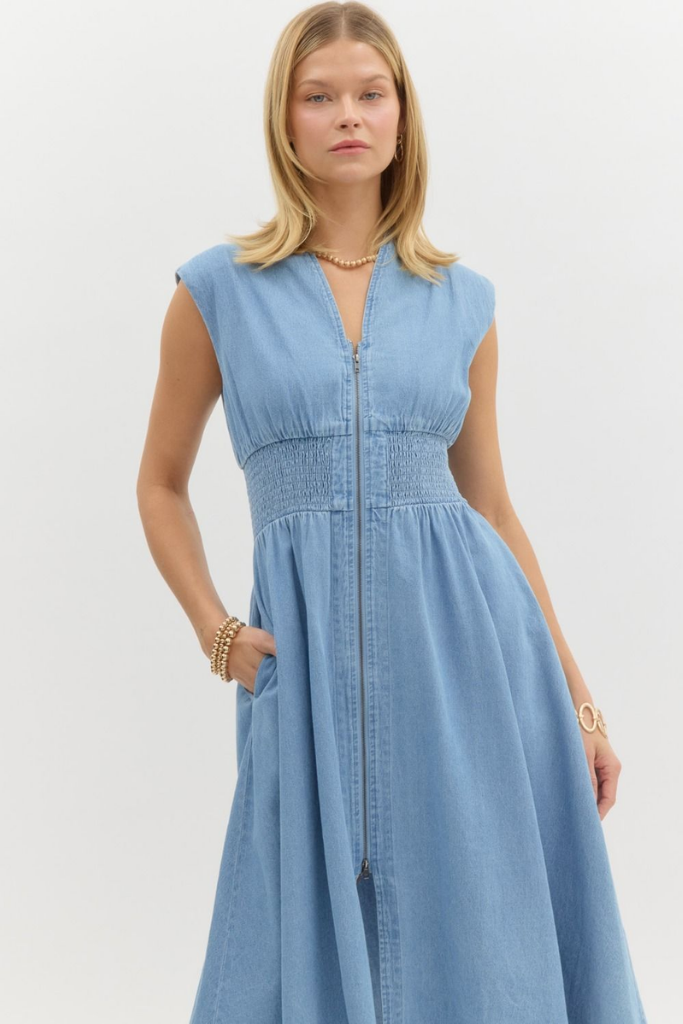 Elizabeth Denim Zip Front Midi Dress