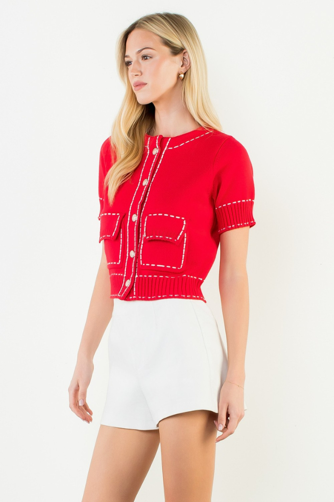 Laura Short Sleeve Cardigan in Red