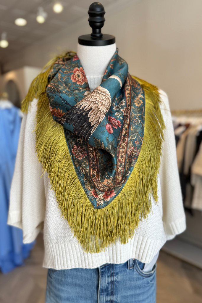 Fringe silk scarf in Peacock