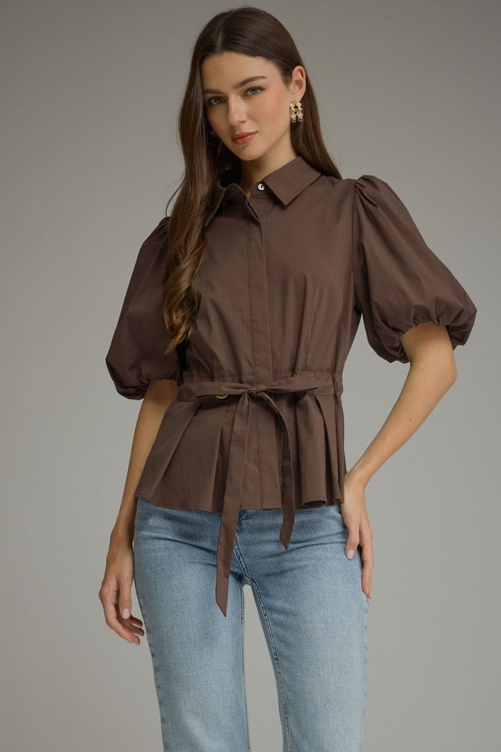 Cecily puff sleeve blouse in brown