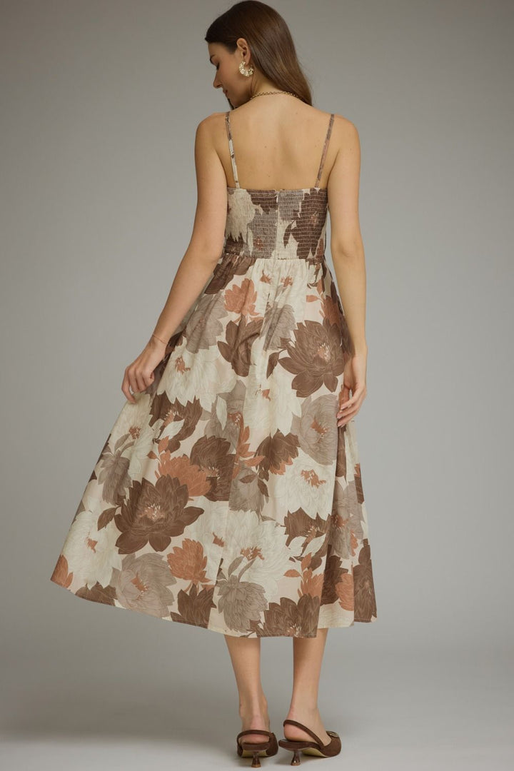 Jane floral midi dress in mocha