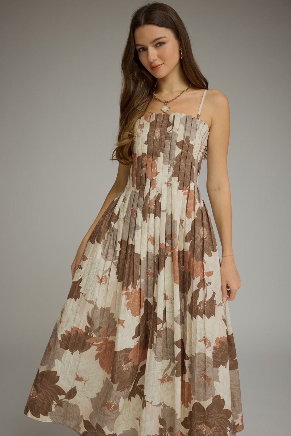 Jane floral midi dress in mocha