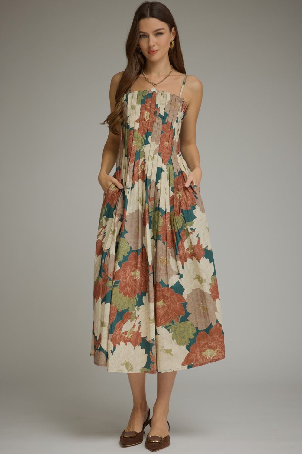 Jane floral midi dress in teal