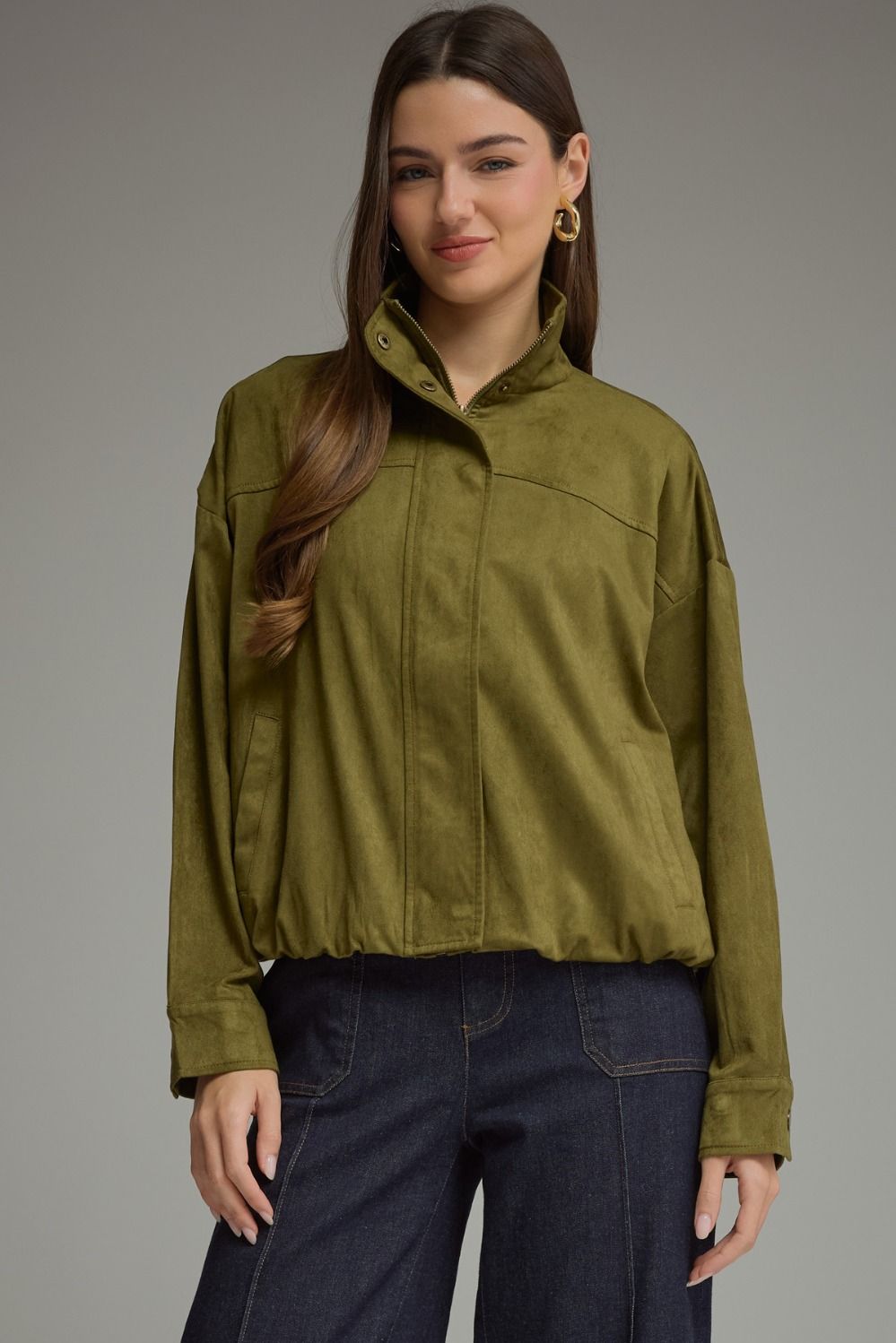 Marissa suede bubble hem jacket in olive