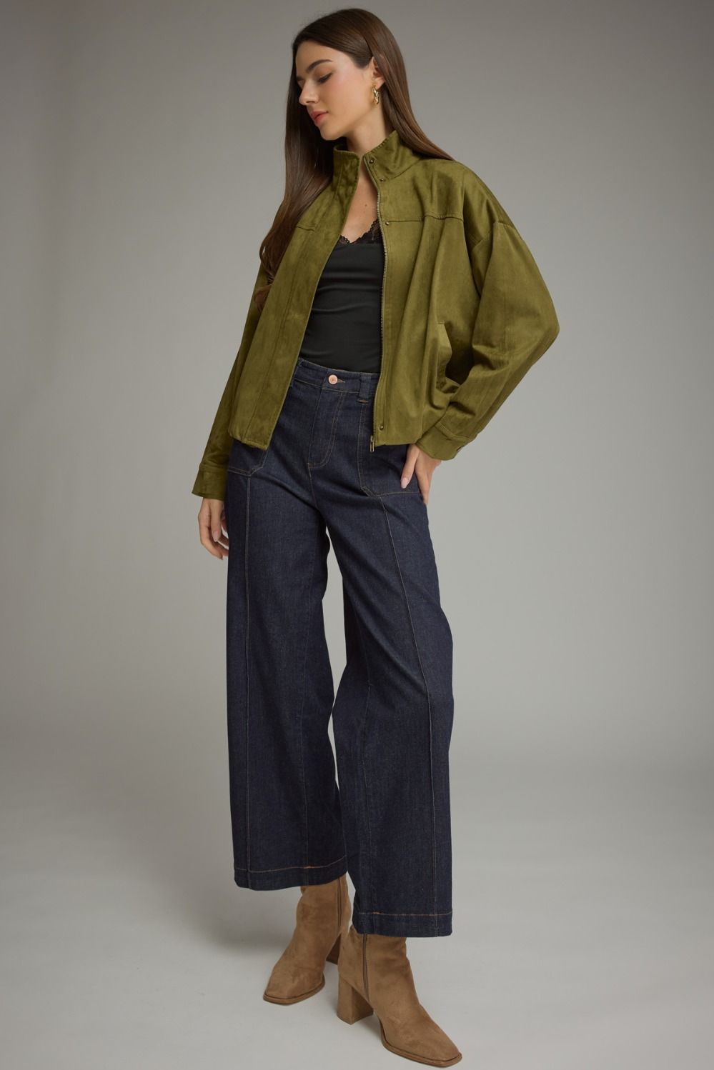 Marissa suede bubble hem jacket in olive
