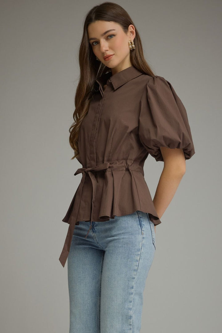 Cecily puff sleeve blouse in brown