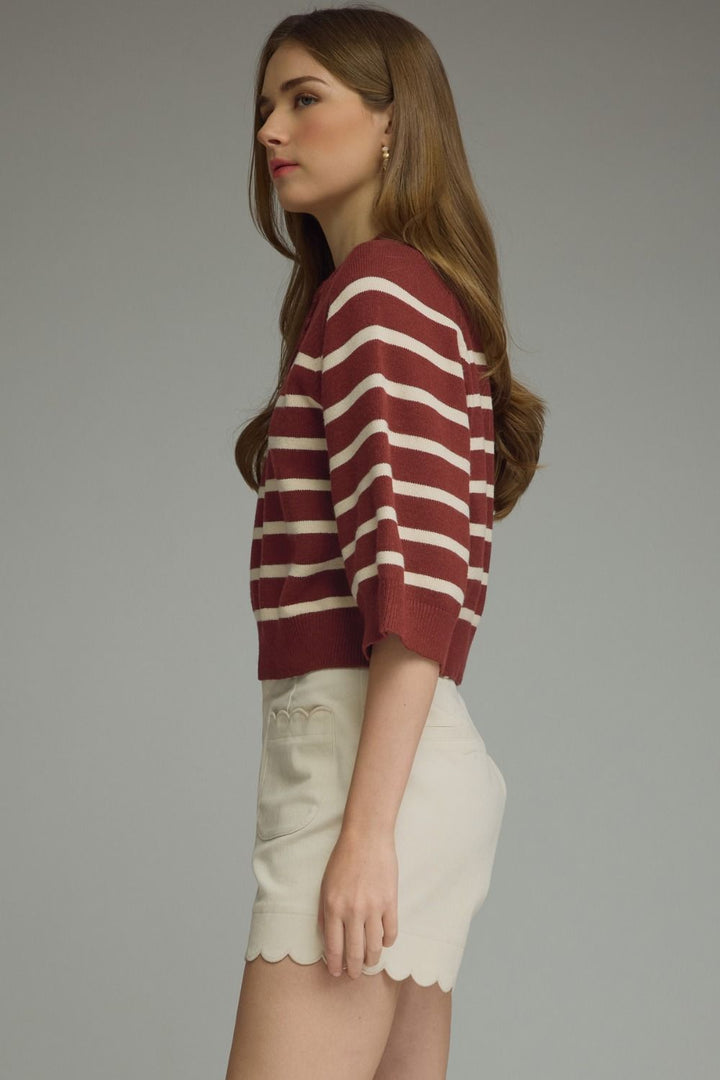 Louise striped knit top in burgundy
